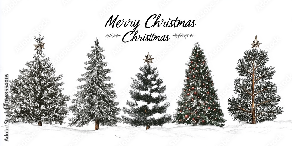 Obraz premium Hand-drawn collection of Christmas trees in various styles surrounded by snow with festive decorations inviting holiday cheer