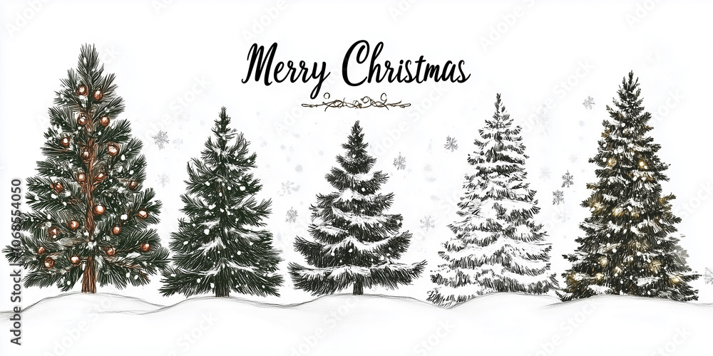 Obraz premium Hand-drawn illustration of five decorated Christmas trees with snow and festive elements during the holiday season