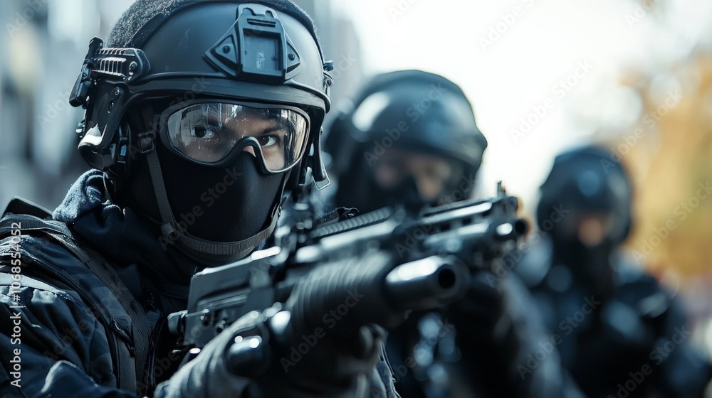 A SWAT team preparing for a high-risk operation, demonstrating specialized law enforcement tactics A SWAT team preparing for a high-risk operation, demonstrating specialized law enforcement tactics