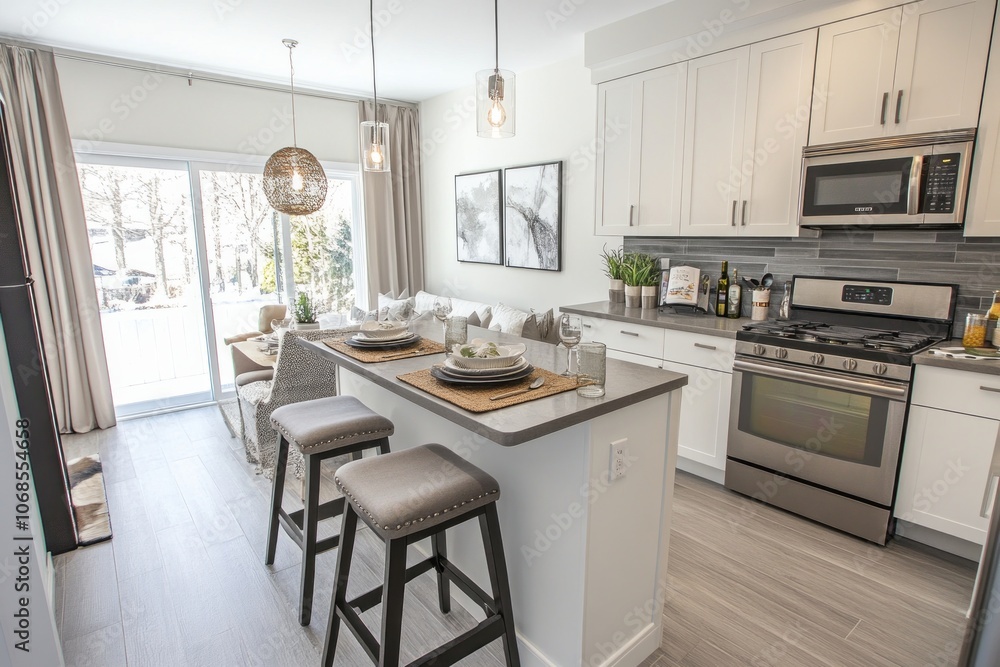 Modern Kitchen with Breakfast Bar and Two Stools Modern Kitchen with Breakfast Bar and Two Stools