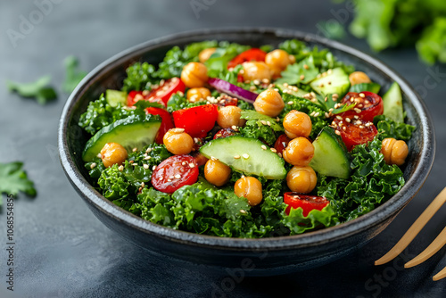 Photo Kale Chickpea Cucumber Tomato Salad Sesame Seeds