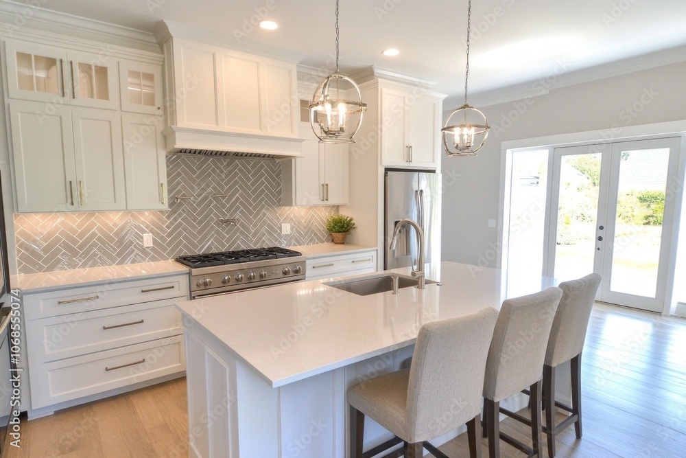 Modern Kitchen with White Cabinets, Herringbone Tile Backsplash, and Stainless Steel Appliances Modern Kitchen with White Cabinets, Herringbone Tile Backsplash, and Stainless Steel Appliances