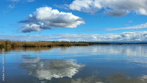 a beautiful blue lake, in the distance a small island overgrown with grass