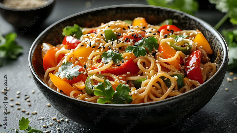 Photo Noodles with Bell Peppers, Sesame Seeds, and Cilantro Photo Noodles with Bell Peppers, Sesame Seeds, and Cilantro
