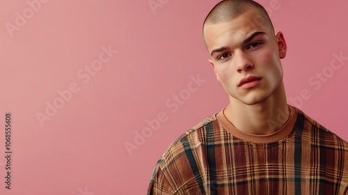 Handsome young man with short hair wearing a plaid shirt looking at the camera.
