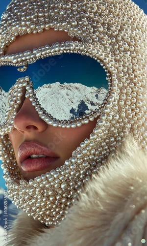 A woman with ski goggles made of pearls.