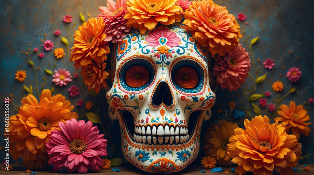 Illustration of a skull adorned with bright flowers and symbols of the Día de Muertos celebration Illustration of a skull adorned with bright flowers and symbols of the Día de Muertos celebration