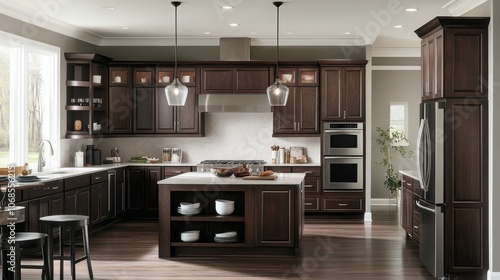 Modern Kitchen with Dark Wood Cabinets and Island