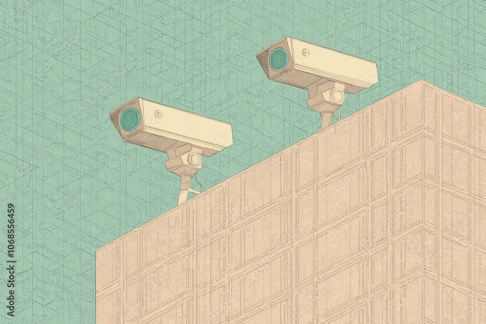 Surveillance Cameras on Building for Security. Illustration of two security cameras mounted on a building, symbolizing surveillance and public safety in urban spaces.
Surveillance Cameras on Building for Security. Illustration of two security cameras mounted on a building, symbolizing surveillance and public safety in urban spaces.