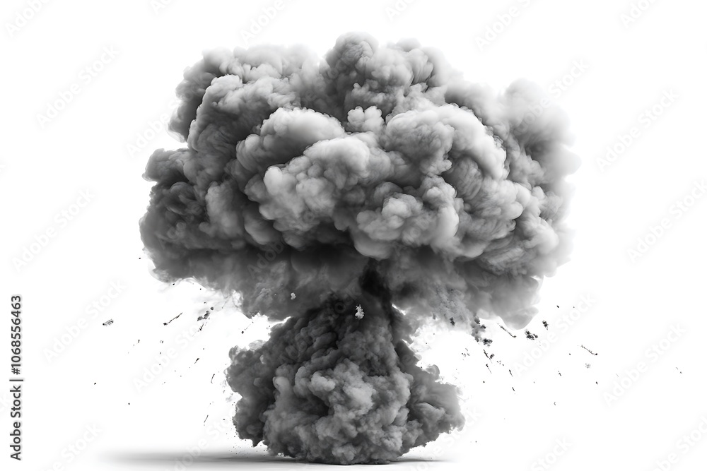 Smoke explosion forming a large cloud, isolated on white background, perfect for visual effects and graphic design projects Smoke explosion forming a large cloud, isolated on white background, perfect for visual effects and graphic design projects