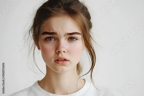 A close-up portrait of a young individual with soft brown hair loosely tied back, subtle freckles, and striking blue eyes.