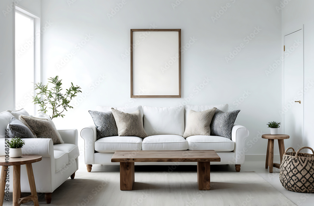 Scandinavian interior design of modern living room. White sofa with pattern pillows and rustic furniture. Mock up frame on white wall. Scandinavian interior design of modern living room. White sofa with pattern pillows and rustic furniture. Mock up frame on white wall.