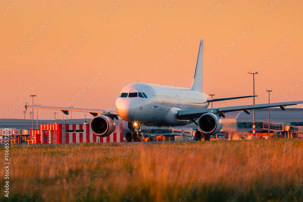 Traffic at airport at golden sunset. Airplane during taking off from runway.. Traffic at airport at golden sunset. Airplane during taking off from runway..