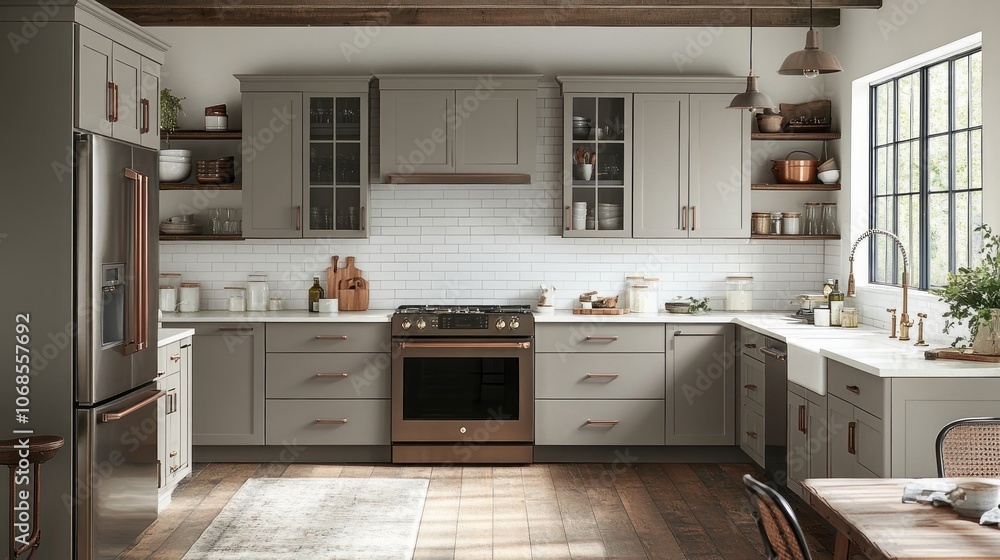 Modern Kitchen with Grey Cabinets, Copper Accents, and a Farmhouse Sink Modern Kitchen with Grey Cabinets, Copper Accents, and a Farmhouse Sink