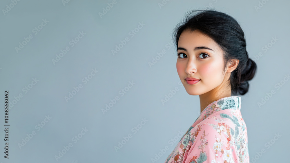 Australian woman in traditional batik cloth isolated on gray copy space Australian woman in traditional batik cloth isolated on gray copy space