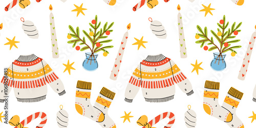 Hygge Winter elements seamless pattern. Cute and cozy cartoon vector collection. Illustration of christmas present, festive garland, warm knitted sweater, envelope, star and skates.