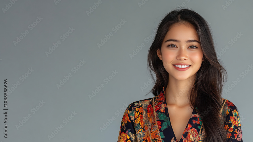 French woman in traditional batik cloth isolated on gray copy space French woman in traditional batik cloth isolated on gray copy space