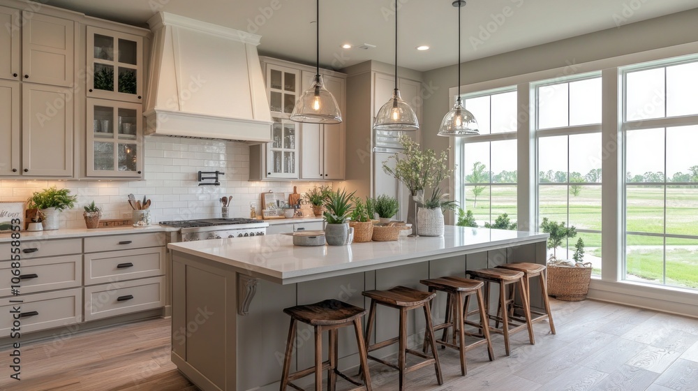 Fototapeta premium Kitchen Island with Farmhouse Style Cabinets and a View of a Green Field