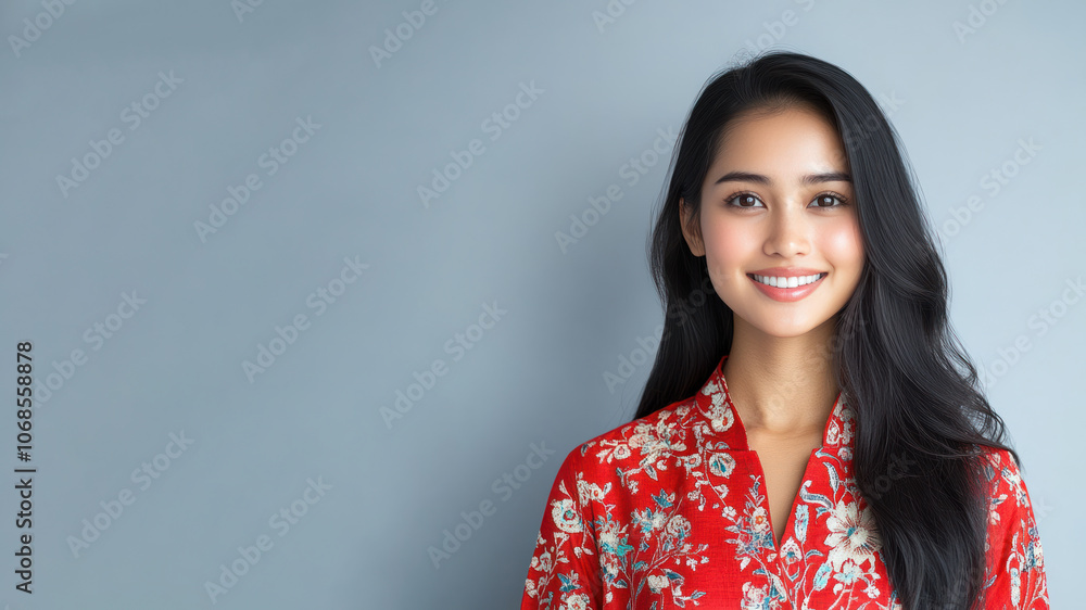 Indonesian woman in traditional batik cloth isolated on gray copy space Indonesian woman in traditional batik cloth isolated on gray copy space