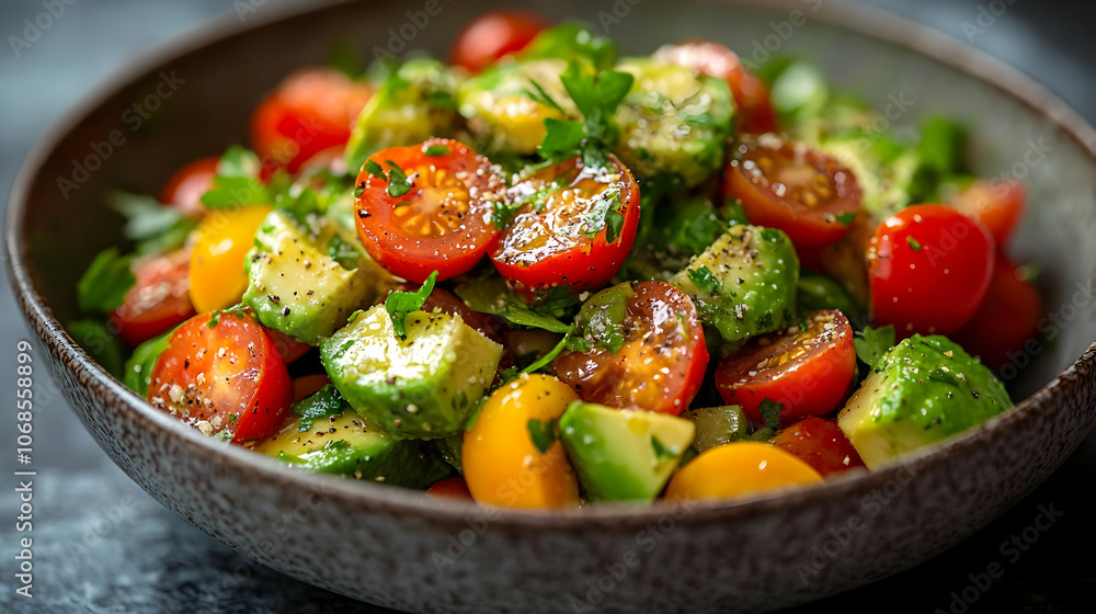 Photo Fresh Avocado Tomato Salad with Herbs and Seasoning Photo Fresh Avocado Tomato Salad with Herbs and Seasoning