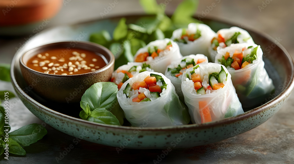 Photo Fresh Spring Rolls with Peanut Sauce, Vegetables, Herbs Photo Fresh Spring Rolls with Peanut Sauce, Vegetables, Herbs