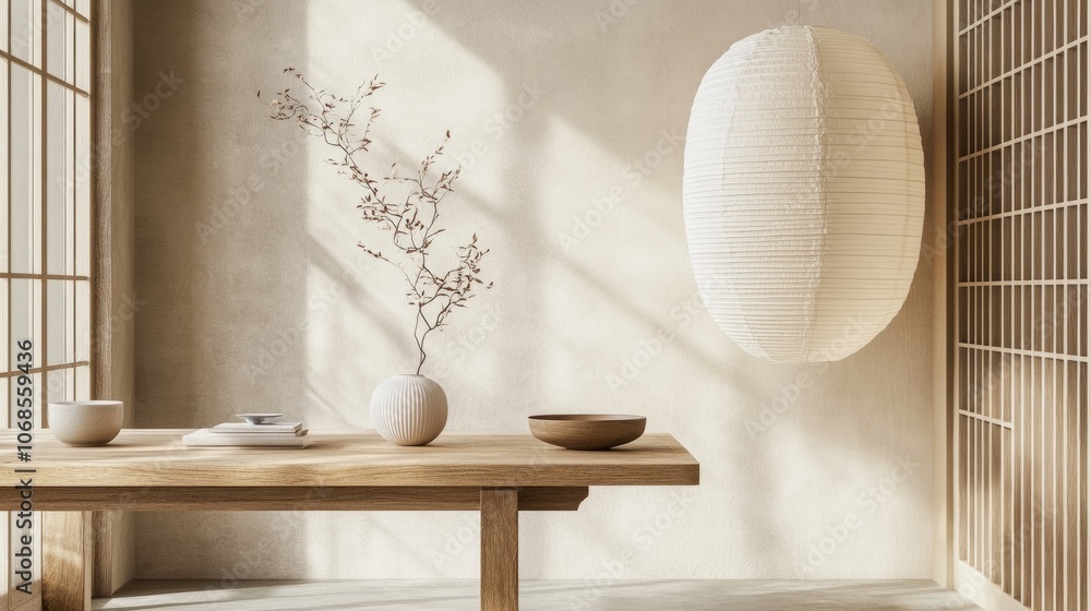 Bright Japandi-inspired workspace with wooden desk, paper lantern, and neutral color palette, blending elegance with simplicity Bright Japandi-inspired workspace with wooden desk, paper lantern, and neutral color palette, blending elegance with simplicity