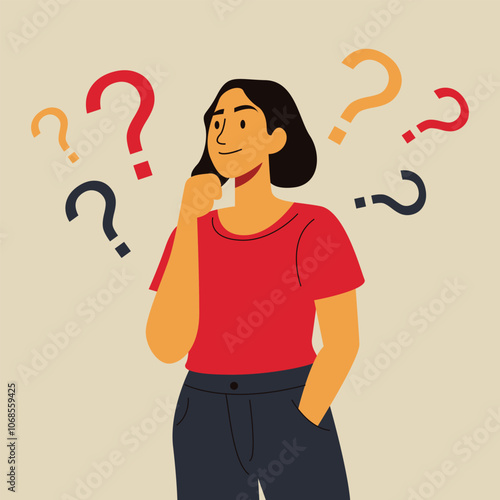 Flat Design Illustration of a Woman Thinking with Question Marks Around Her. Vector Art Representing Curiosity, Problem Solving, and Decision Making