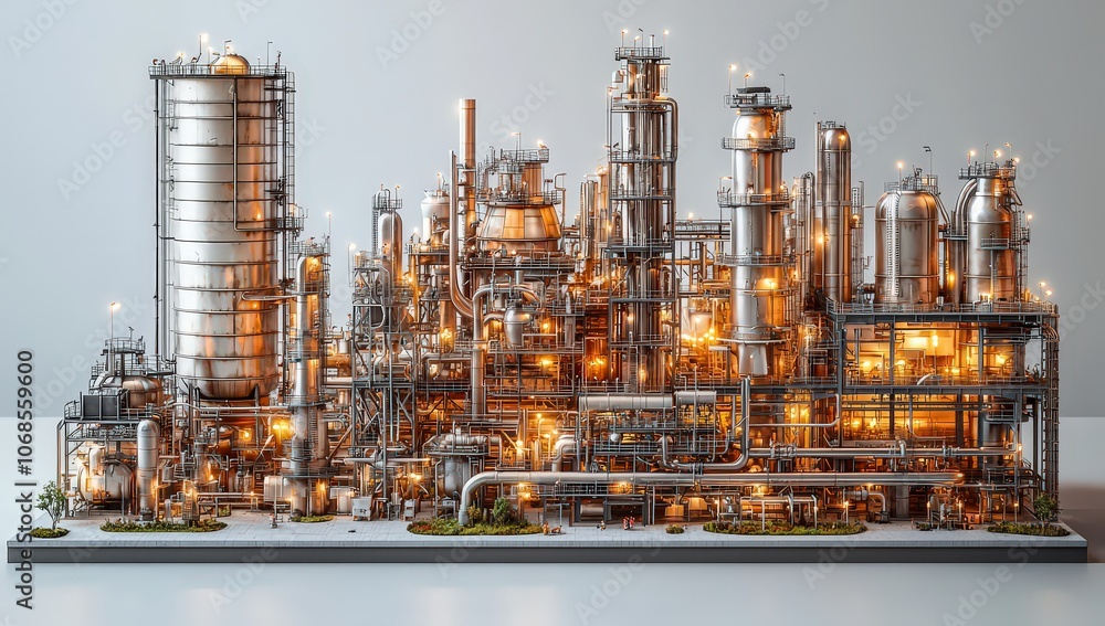 oil refinery model on a white background. The refinery is made of steel and has large pipes and towers with an industrial feel. oil refinery model on a white background. The refinery is made of steel and has large pipes and towers with an industrial feel.