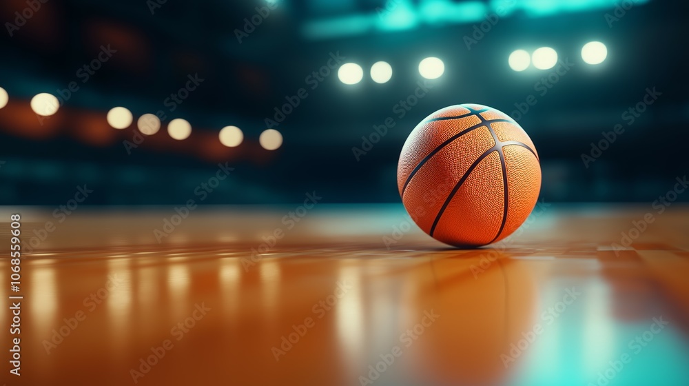 Basketball on Glossy Court Floor with Blurred Background for Sports Banner Design Basketball on Glossy Court Floor with Blurred Background for Sports Banner Design