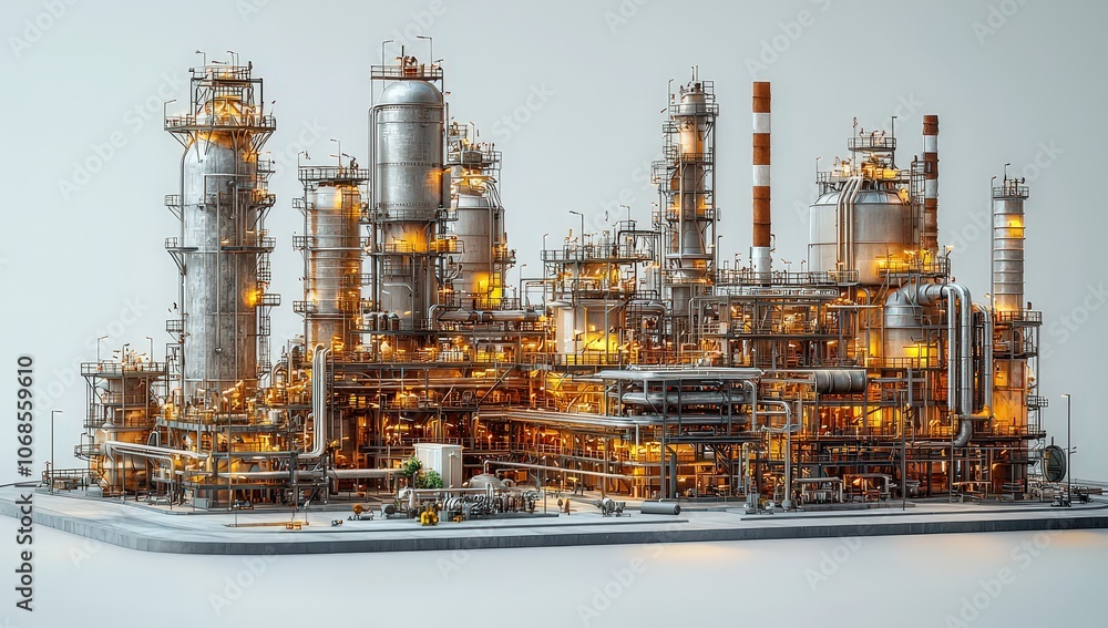 oil refinery model on a white background. The refinery is made of steel and has large pipes and towers with an industrial feel oil refinery model on a white background. The refinery is made of steel and has large pipes and towers with an industrial feel