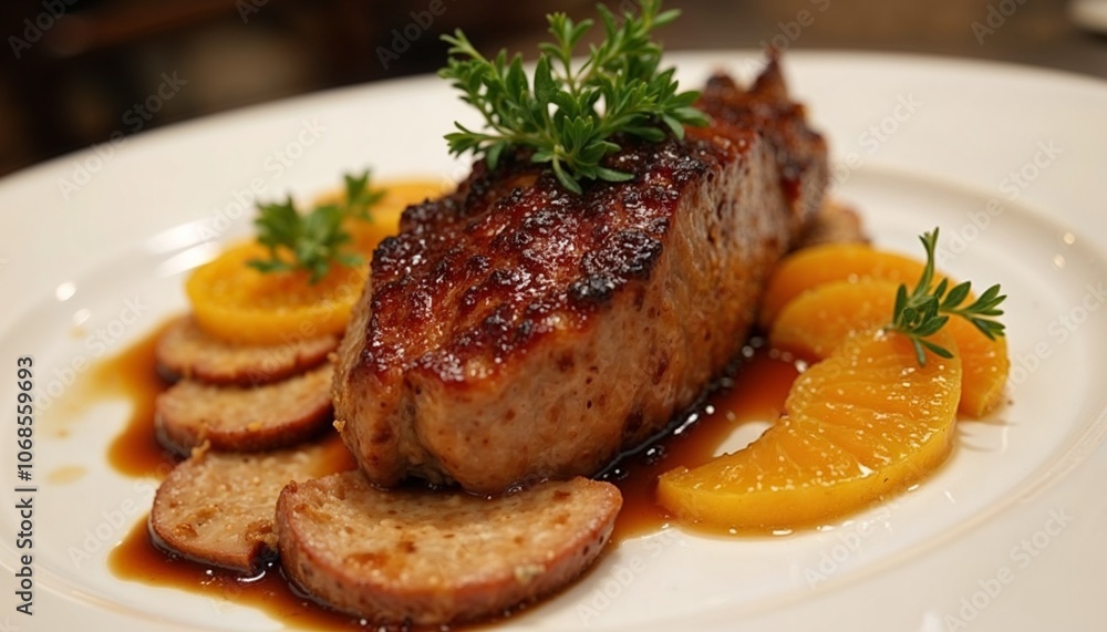 Sous-vide duck breast with a crispy seared skin, served with caramelized oranges and a light drizzle of balsamic glaze Sous-vide duck breast with a crispy seared skin, served with caramelized oranges and a light drizzle of balsamic glaze