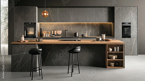 Modern Kitchen with Black Marble Accents and Wooden Countertop