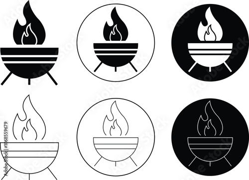 Fire Pit Icons set in trendy flat and line styles. Communal Fire Pit of Indigenous Village Life. fire pit silhouette symbols. Charcoal Grill designed illustration isolated on transparent background.