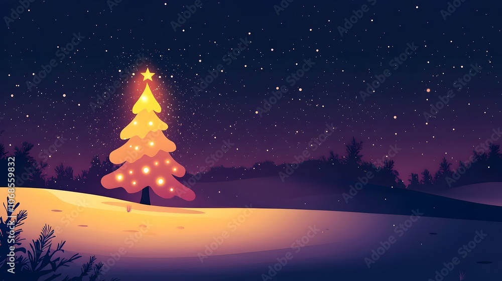 Naklejka premium Illuminated Christmas Tree on Snowy Night