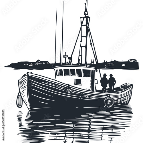 A vector illustration of a fishing boat in a traditional engraving style.