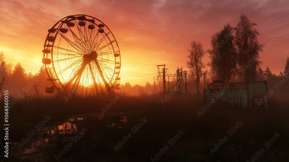 A silhouetted ferris wheel at sunset creates a tranquil scene, embodying solitude and nostalgia as the silhouettes cast shadows over the serene landscape. A silhouetted ferris wheel at sunset creates a tranquil scene, embodying solitude and nostalgia as the silhouettes cast shadows over the serene landscape.