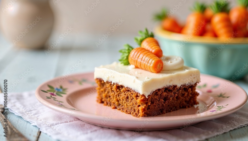 Homemade carrot cake with cream cheese frosting and mini carrots on a pastel plate for Easter brunch
Homemade carrot cake with cream cheese frosting and mini carrots on a pastel plate for Easter brunch