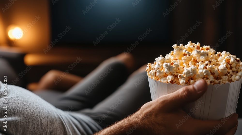This image showcases a person unwinding on a comfortable couch while enjoying a bowl of popcorn, surrounded by ambient lighting for a perfect movie night. This image showcases a person unwinding on a comfortable couch while enjoying a bowl of popcorn, surrounded by ambient lighting for a perfect movie night.
