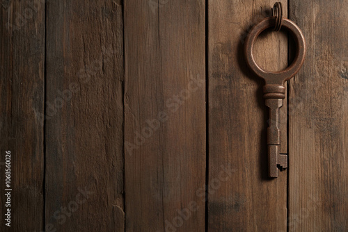 Rusty Key on Wooden Wall