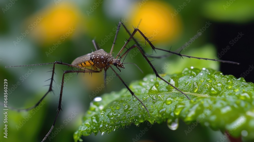 Close-up of Mosquito on Leaf with Water Droplets Close-up of Mosquito on Leaf with Water Droplets