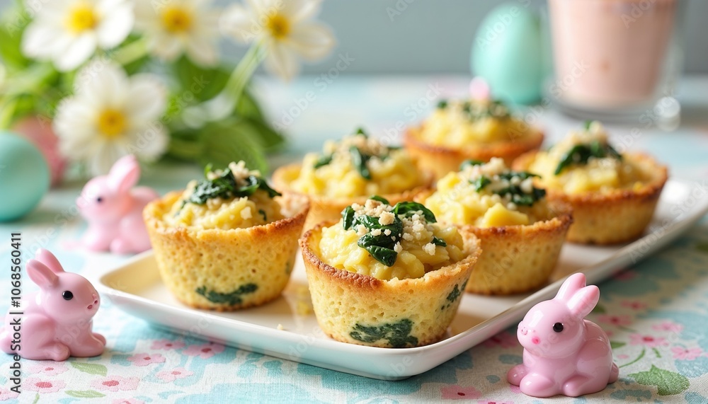 Individual baked egg cups with spinach and cheese, decorated with Easter bunnies and spring blossoms Individual baked egg cups with spinach and cheese, decorated with Easter bunnies and spring blossoms