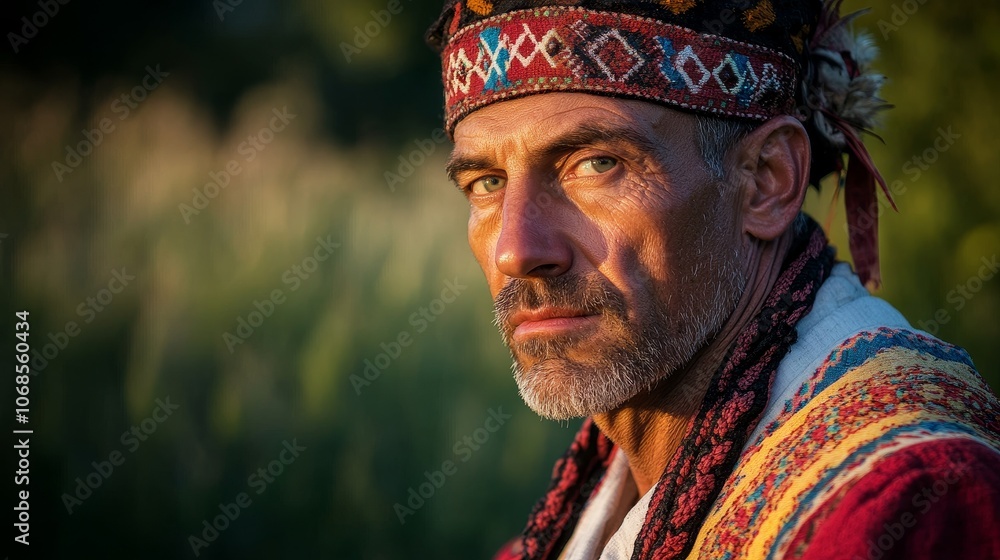 Mystical Ukrainian Man in Traditional Clothing Embracing the Carpathians at Dusk Mystical Ukrainian Man in Traditional Clothing Embracing the Carpathians at Dusk