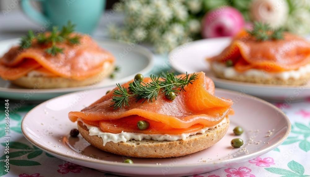 Smoked salmon bagels with cream cheese and dill, served in a spring-inspired brunch setting for Easter Smoked salmon bagels with cream cheese and dill, served in a spring-inspired brunch setting for Easter