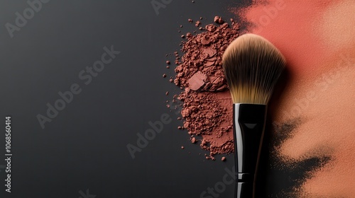 A solitary makeup brush sweeps through a mix of red and brown powders, illustrating precision and the artful blend of shades on a sleek dark surface.