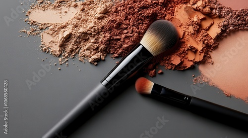 A collection of makeup brushes and powders in warm, earthy tones is displayed on a dark surface, ready for creating beautiful, natural looks and aesthetics.