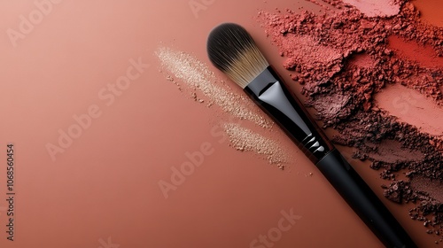 A stylish display of multicolored makeup brushes blending with diverse powders, offering a vibrant palette of colors for varied and sophisticated cosmetic applications.