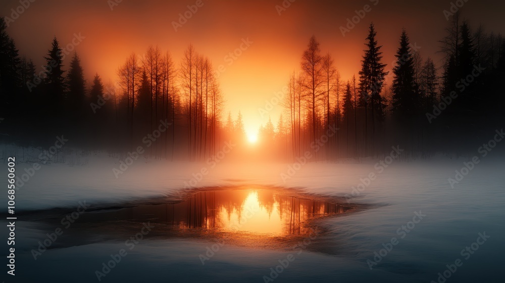 A breathtaking sunrise illuminates a snowy forest, reflecting on a serene lake in the foreground. The sky glows orange with tall trees silhouetted against it. A breathtaking sunrise illuminates a snowy forest, reflecting on a serene lake in the foreground. The sky glows orange with tall trees silhouetted against it.