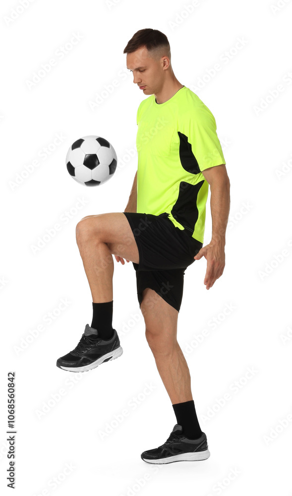 Man playing football with soccer ball on white background