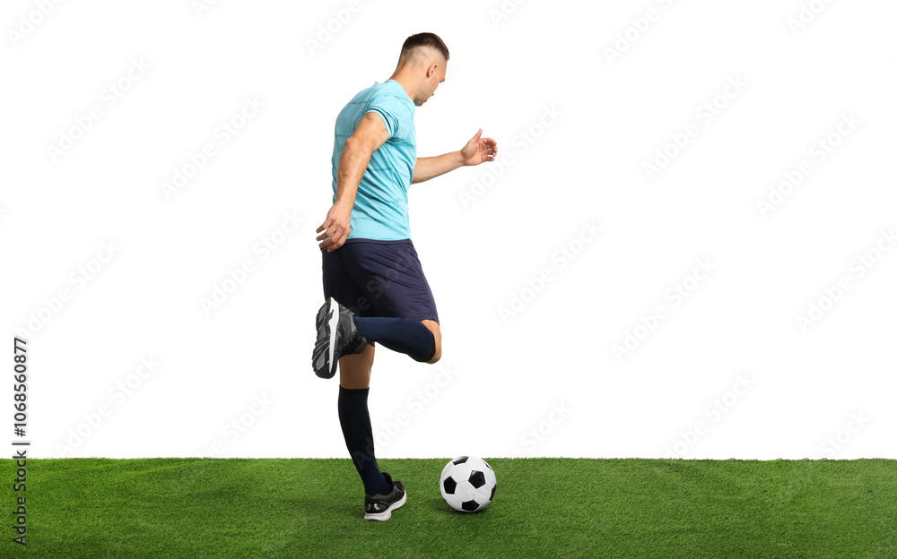 Man playing football with soccer ball on artificial grass against white background, back view Man playing football with soccer ball on artificial grass against white background, back view