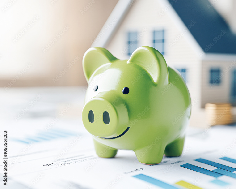 A green piggy bank sits on top of a stack of bills A green piggy bank sits on top of a stack of bills